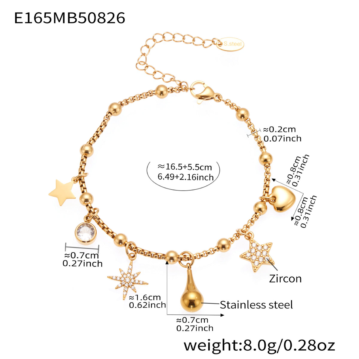 B廠-精緻多配件鈴鐺八芒星吊墜鑲鋯石手鍊組合不鏽鋼鍍18k真金「E155-E164-E165」25.09-1