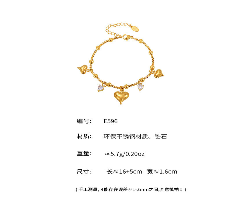B廠-圓珠愛心鋯石吊墜手鍊ins風歐美不鏽鋼18K真金保色潮酷街頭「E596」25.04-3