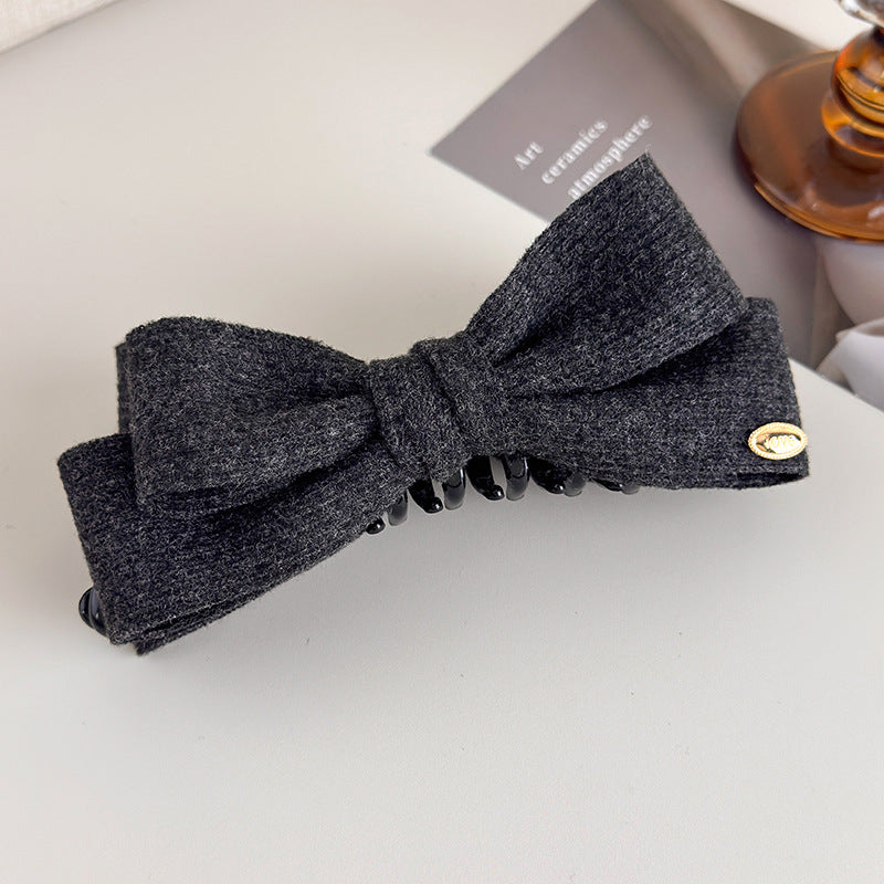 E廠-秋冬毛呢雙面蝴蝶結香蕉夾女後腦勺高馬尾髮夾氣質鯊魚夾頭飾髮卡「27708」25.11-3