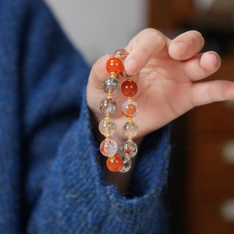 AS廠-黑金超七水晶手鍊女紅膠花金髮晶川料滿肉南紅多寶手串批發「L131Q010」25.03-3