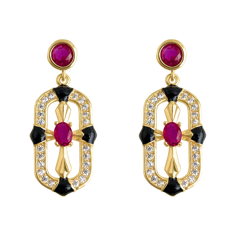 A廠-原創時尚高級感設計師款微鑲鋯石玫紅色小香風新款銀針耳飾耳環女「6985」25.10-5