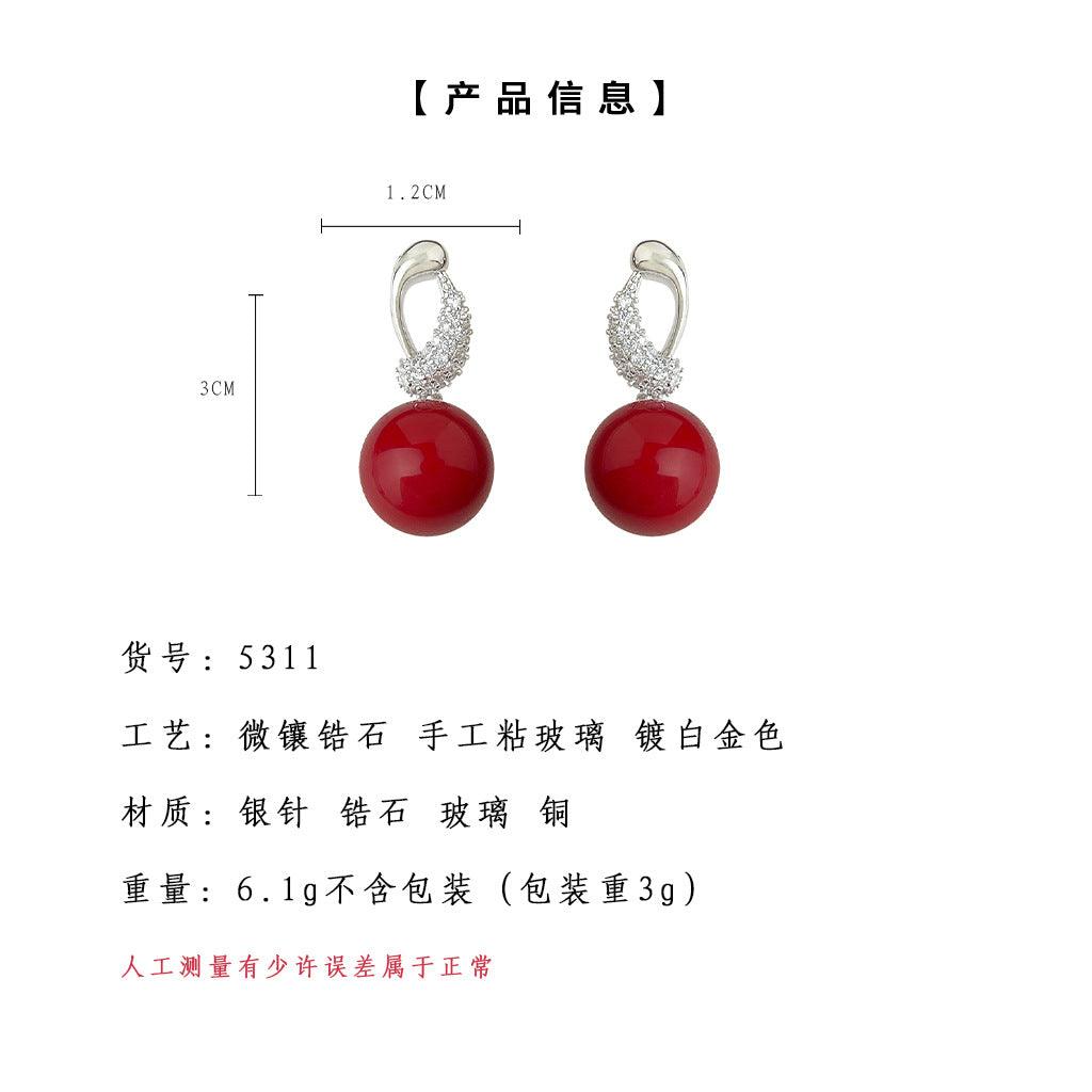 A廠-玻璃施家珍珠微鑲鋯石925銀針氣質文藝復古正紅高級感耳環「5311」24.12-3