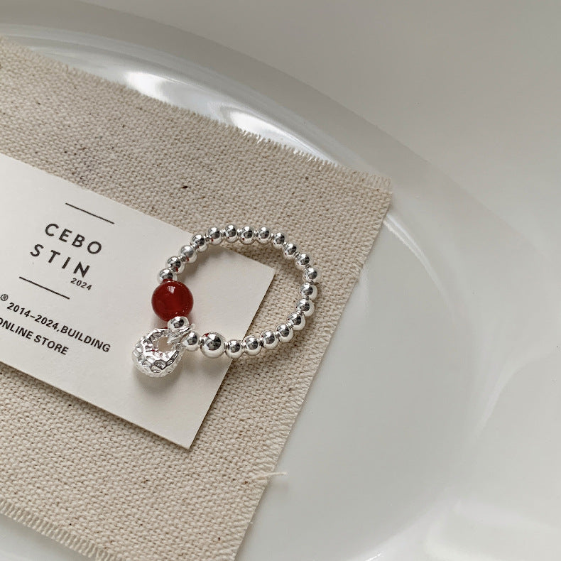 C廠-新中式古風大象小象小魚福袋蝴蝶結錢幣紅瑪瑙S925純銀彈力戒指「1520-1527」25.11-3