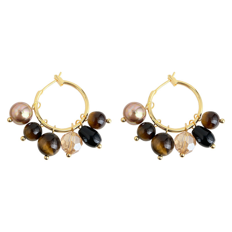 A廠-文藝復古天然石虎眼石手工藝設計感幾何圓圈耳環中古風飾品耳環「7145」25.11-4