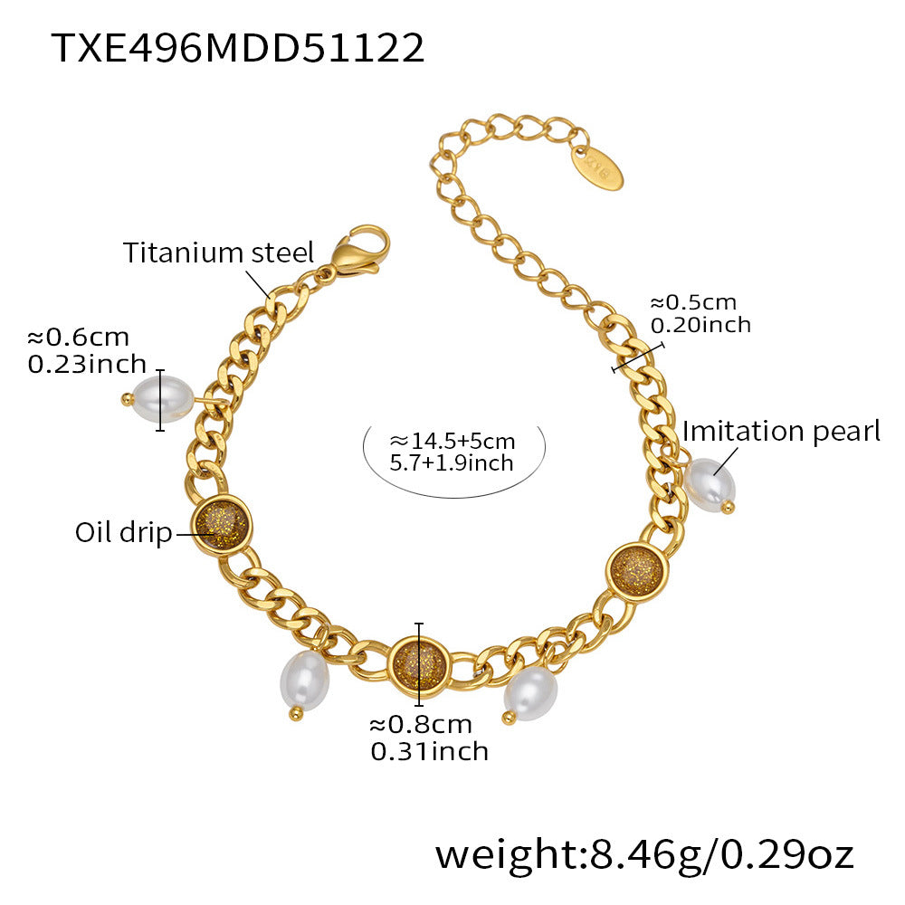 B廠-歐美熱銷款仿珍珠流蘇項鍊手鍊不鏽鋼鍍18k金ins小眾設計首飾套裝「TXP496」25.11-4