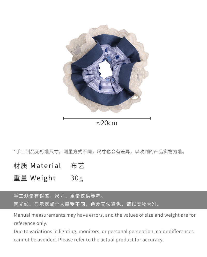 E廠-甜美藍色系蕾絲大腸髮圈女高級感扎頭髮花朵頭繩丸子頭髮飾毛點點「26844H」25.04-4