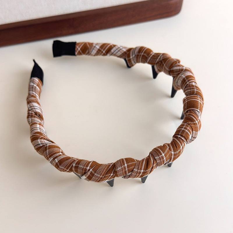 E廠-韓版格紋纏繞髮箍復古格子網紅百搭壓髮波浪帶齒頭箍高顱頂頭飾「27343」25.08-3