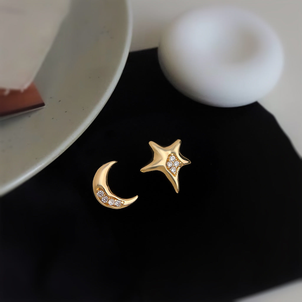 A廠-原創不對稱設計AB款微鑲鋯石星星月亮925銀針耳飾工廠耳環「6406」25.07-2