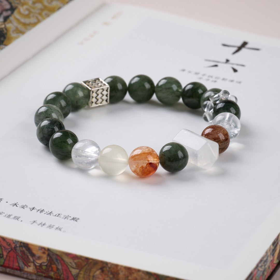 AS廠-天然10MM綠髮晶手鍊女好運白水晶紅膠花多寶高級感水晶手串批發「J101X116」25.08-3