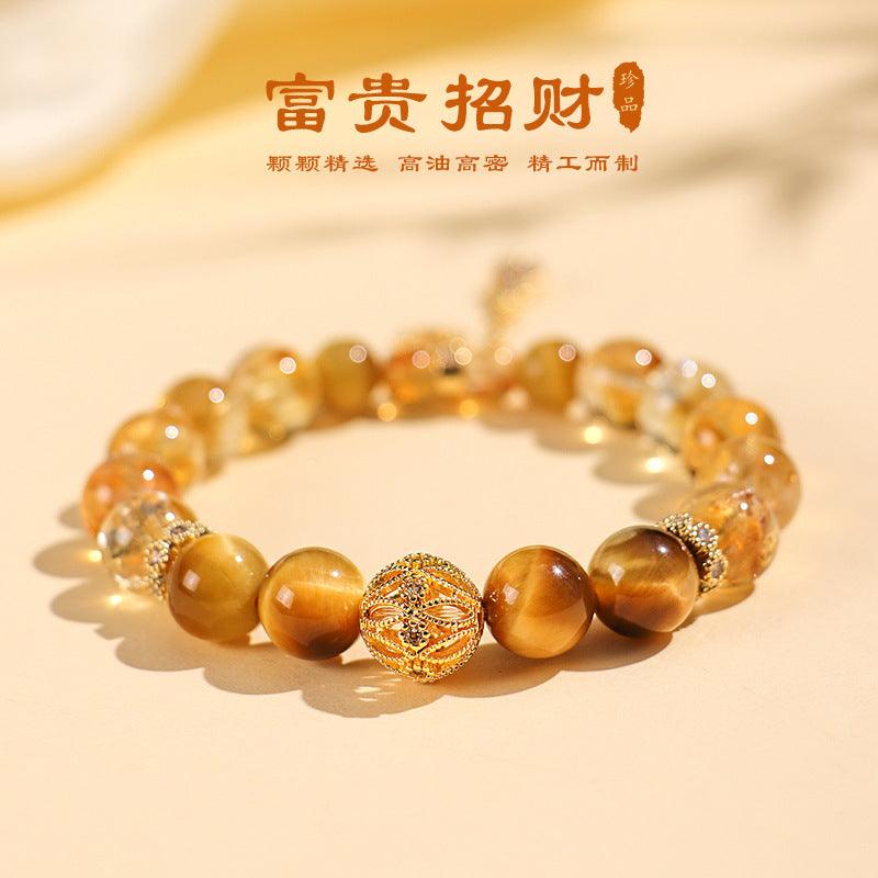 AS廠-天然阿塞黃水晶10mm圓珠手鍊單圈配10mm金虎眼手工編織手串批發「AL891750」25.02-3