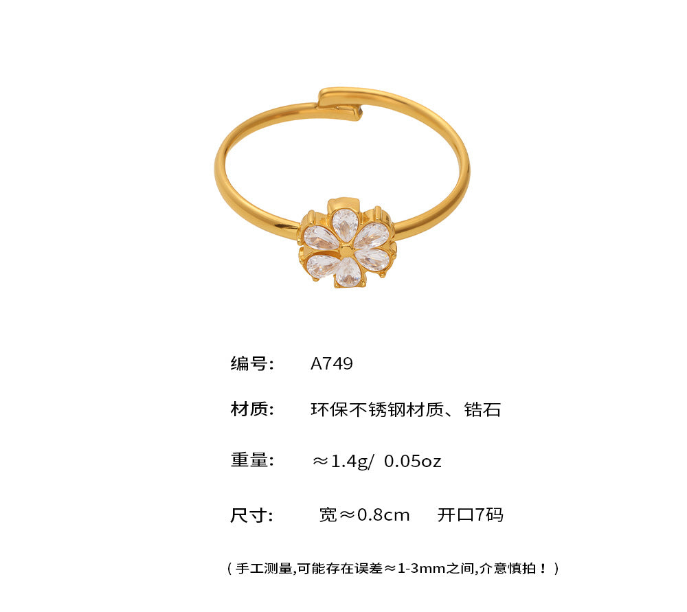 B廠-ins超閃5A鋯石水滴小花細圈戒指精緻小巧不鏽鋼開口食指戒「A749」25.05-4