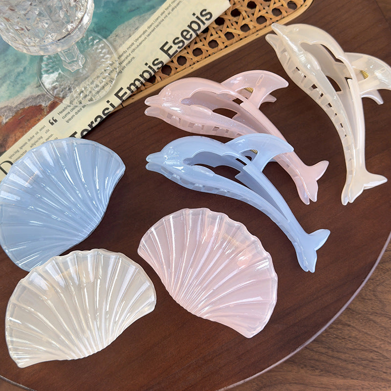E廠-新款果凍色海豚貝殼抓夾後腦勺髮夾氣質優雅海邊度假風鯊魚夾髮飾「26822」 25.04-3