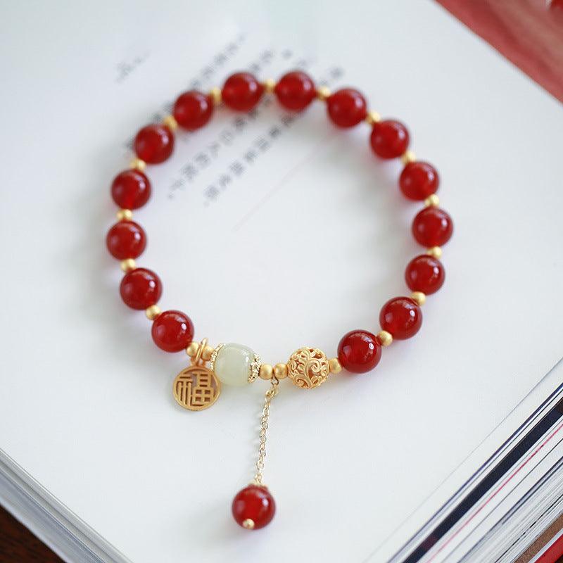 AS廠-天然8MM紅瑪瑙手串S925銀金祥雲球和田玉福牌手鍊女國風七夕禮物「SL60-08-02」25.04-1