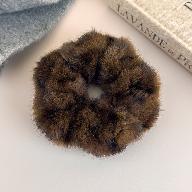 E廠-韓系秋冬毛絨豹紋大腸髮圈女高級感氣質扎頭髮馬尾頭繩髮繩髮飾「27635」25.11-1