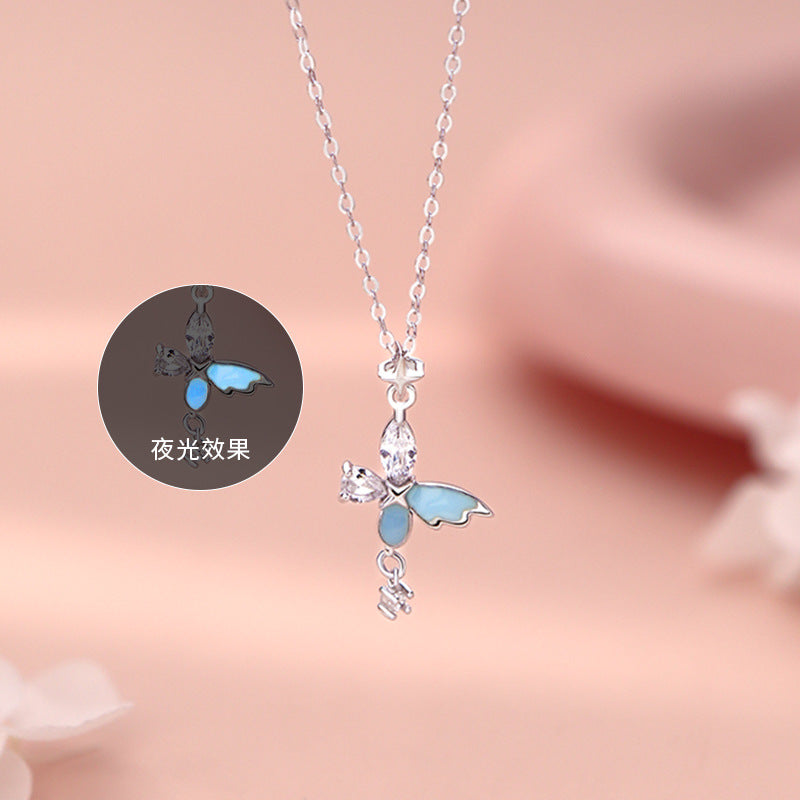 D廠-S999足銀高級感蝴蝶四芒星項鍊女甜美小眾輕奢夜光新款鎖骨鏈批發「YC1776N_1」25.08-4
