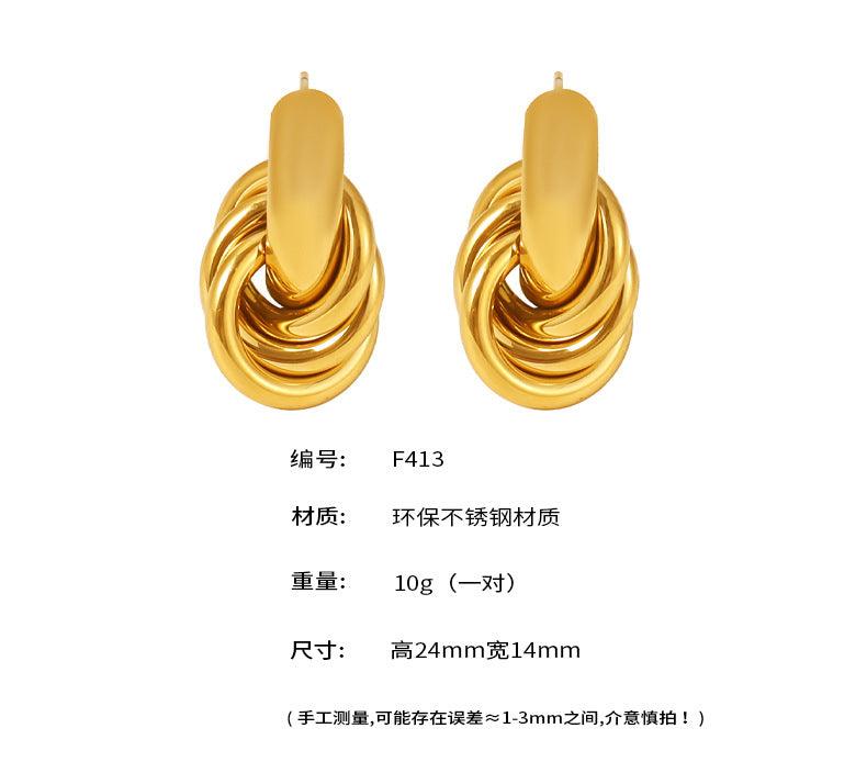 B廠-時尚簡約圓圈線條纏繞耳釘小眾設計輕奢感不鏽鋼鍍18K真金「F413」24.11-2