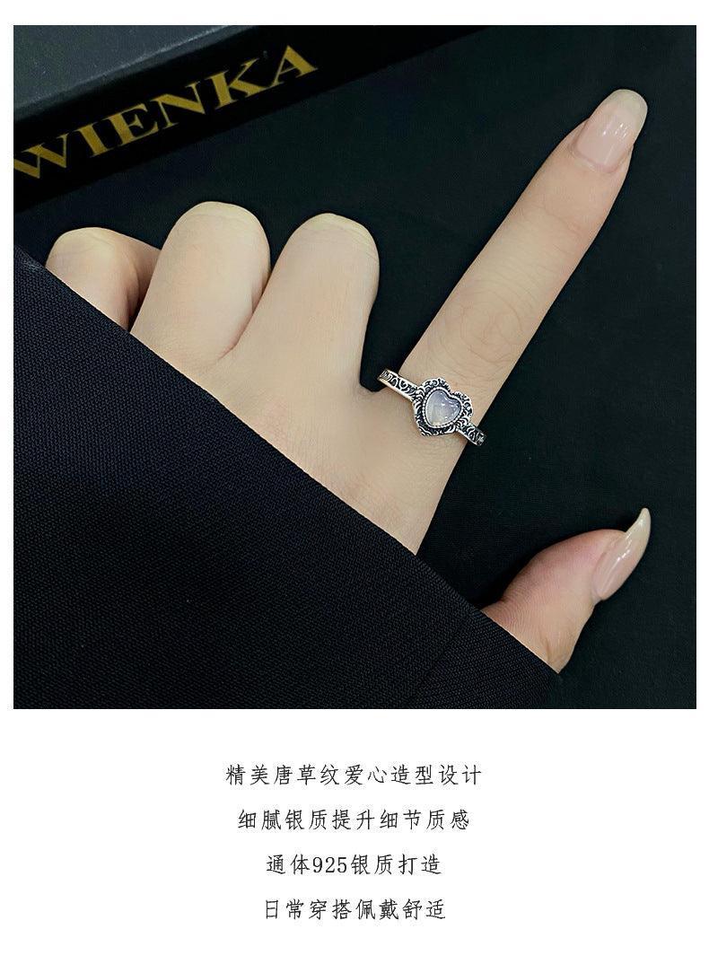 D廠-S925純銀重工唐草紋白玉髓愛心戒指女時尚復古甜酷風指環「YC5364R」24.01-4
