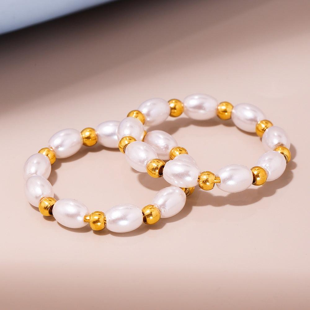 B廠-橢圓貝珠戒指ring不鏽鋼金珠小眾設計指環甜美少女手飾現貨「A025」25.03-3