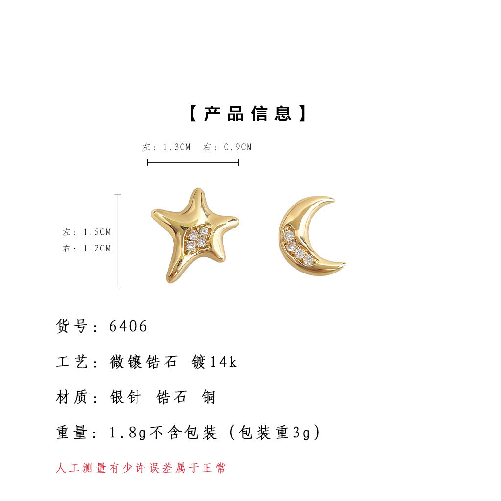 A廠-原創不對稱設計AB款微鑲鋯石星星月亮925銀針耳飾工廠耳環「6406」25.07-2