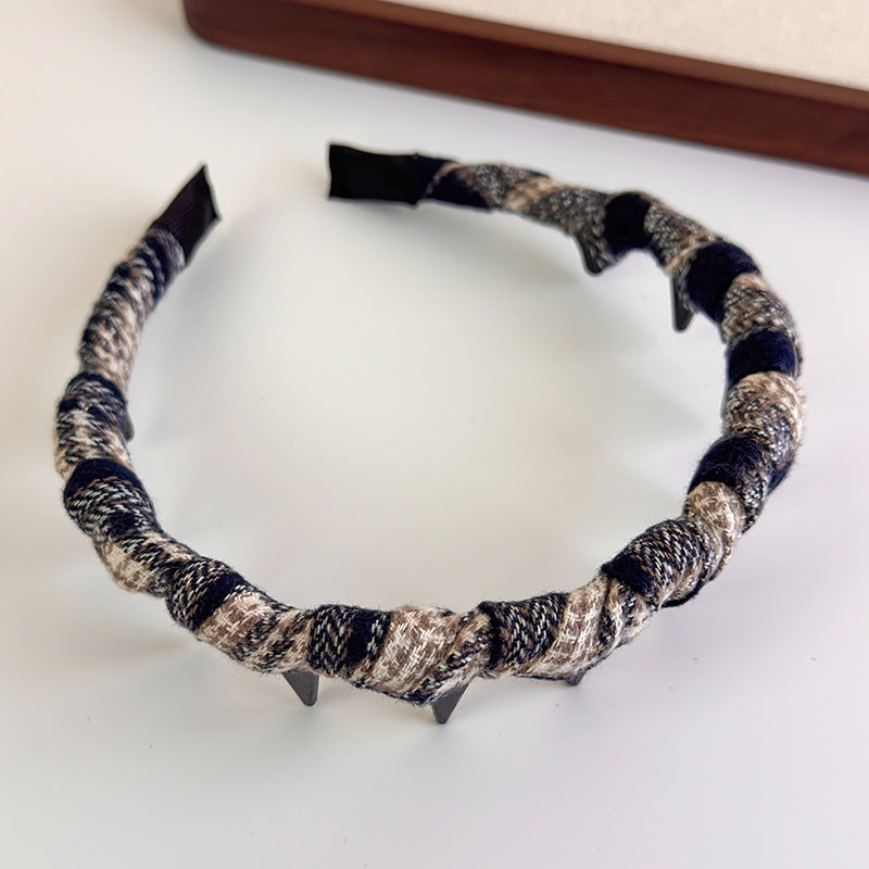 E廠-學院風格子布藝纏繞髮箍韓系百搭高顱頂波浪格紋帶齒防滑頭箍頭飾「27385」25.08-5
