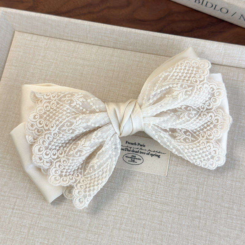 E廠-溫柔甜美米色刺繡蕾絲大腸髮圈小眾低馬尾盤髮頭繩蝴蝶結髮夾頭飾「26813」 25.04-3