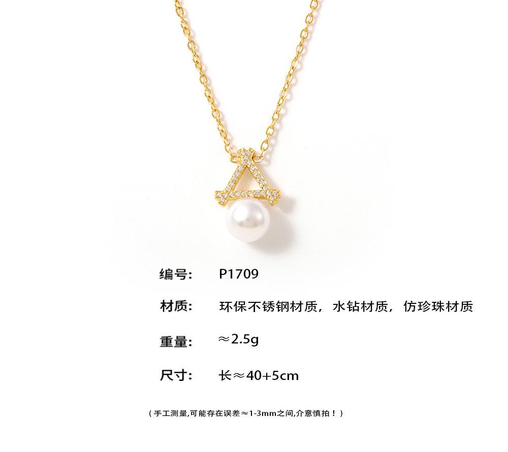 B廠-新款三角鑲鑽高光貝珠吊墜項鍊 簡約ins風鎖骨項鍊輕奢感配飾批發「P1709-P1694」24.10-1