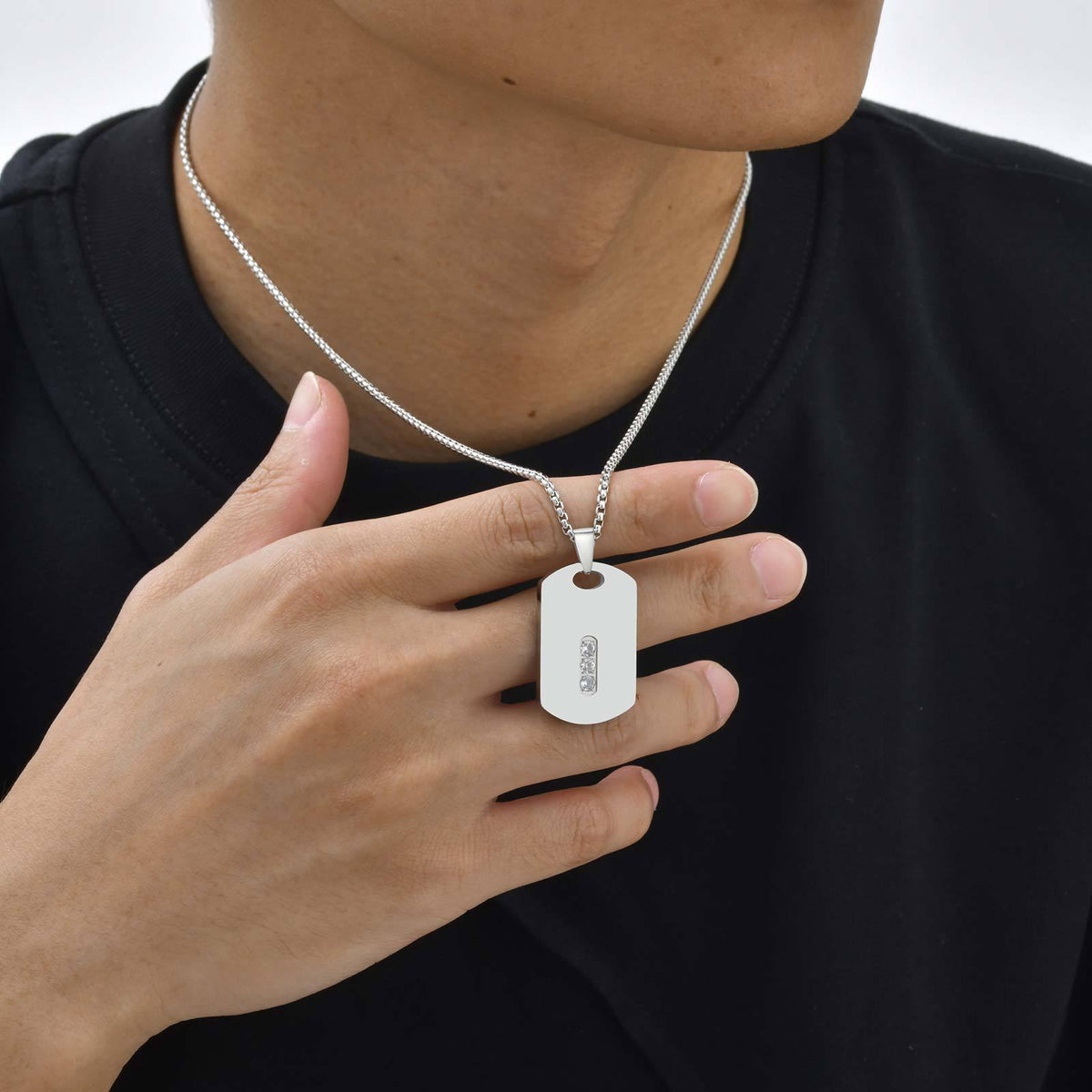 G廠-男士街頭潮流酷飾品 不鏽鋼鑲嵌鋯石狗牌幾何吊墜項鍊「PN-2137」25.06-1