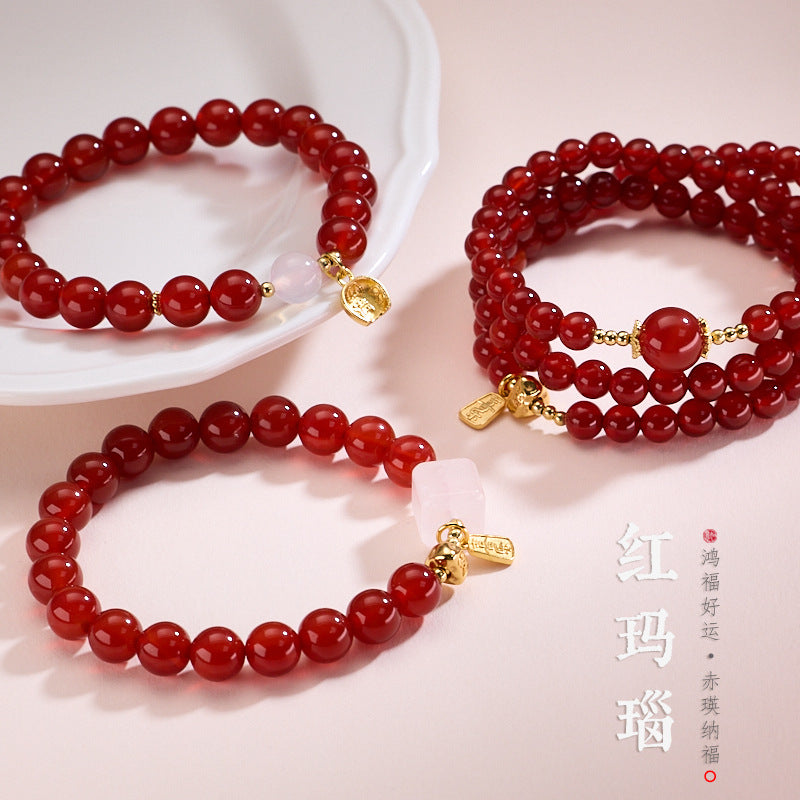 AS廠-原創設計天然紅瑪瑙手鍊女粉晶本命年好運手串高級感紅色手串批發「MN0810773」25.06-3