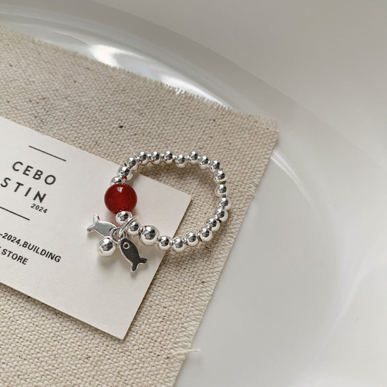 C廠-新中式古風大象小象小魚福袋蝴蝶結錢幣紅瑪瑙S925純銀彈力戒指「1520-1527」25.11-3