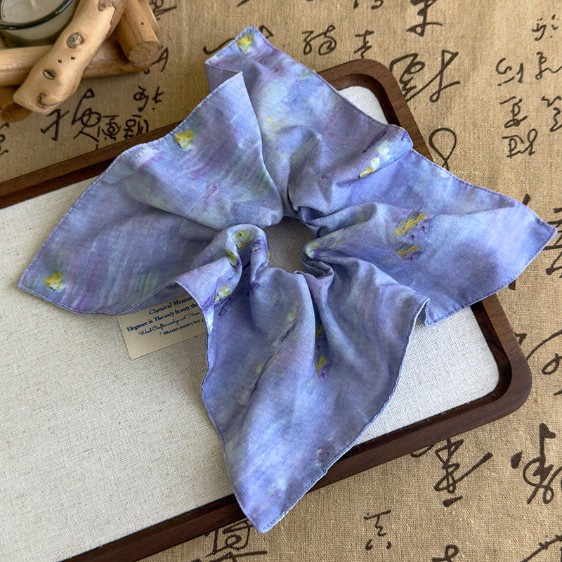 E廠-新中式油畫法式緞面吊珍珠大腸方巾髮圈頭繩碎花氣質復古髮飾女「27185」25.07-2