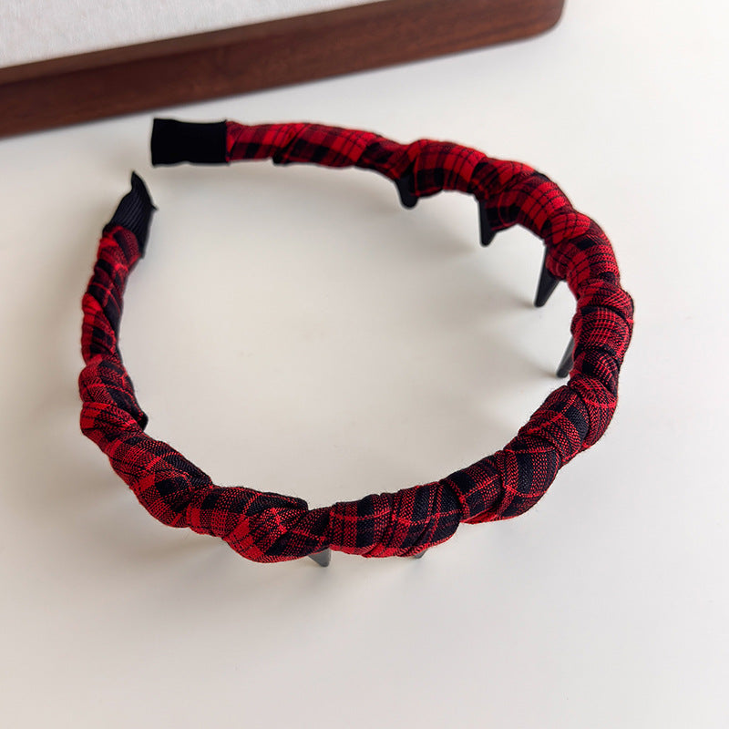 E廠-韓版格紋纏繞髮箍復古格子網紅百搭壓髮波浪帶齒頭箍高顱頂頭飾「27343」25.08-3