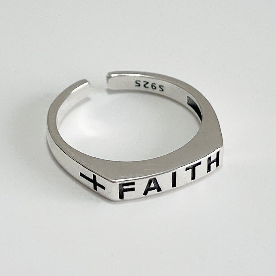 F廠-歐美極簡百搭潮人網紅925純銀FAITH信仰十字架戒指日韓指環食指「J-1083」25.05-5