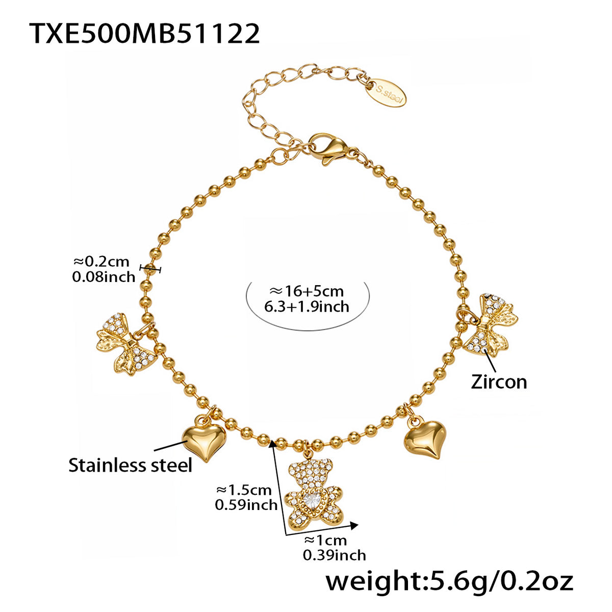 B廠-不鏽鋼5A鋯石滿鑽小熊蝴蝶結愛心多配件吊墜項鍊手鍊耳環首飾套裝「TXP500」25.11-4