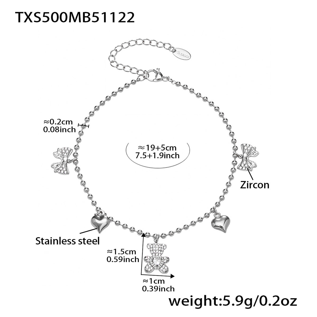 B廠-不鏽鋼5A鋯石滿鑽小熊蝴蝶結愛心多配件吊墜項鍊手鍊耳環首飾套裝「TXP500」25.11-4