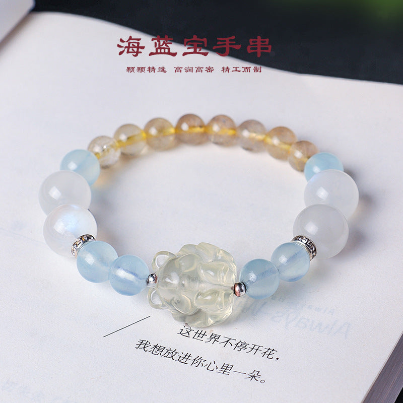 AS廠-天然海藍寶粉水晶星月串珠手鍊女清新甜美黃水晶九尾狐手串首飾「SL6480」25.07-3