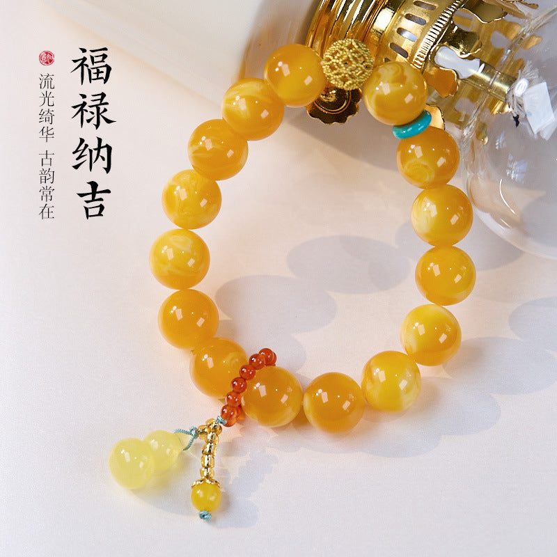 AS廠-二代蜜蠟手串男女款12MM雞油黃蜜蠟葫蘆文玩輕奢小眾精緻福祿手鍊「ML121D234」25.07-2