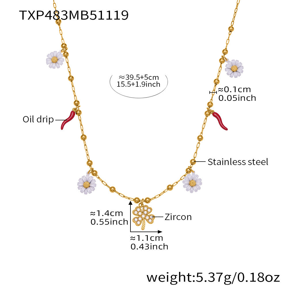 B廠-5A鋯石幸運草法國小雛菊多吊墜項鍊手鍊套裝不鏽鋼珠寶首飾「TXP483」25.11-4