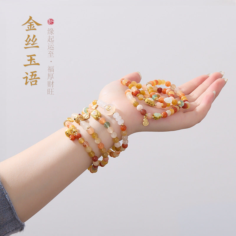 AS廠-原創設計天然6MM金絲玉手鍊女新中式葫蘆復古高級感玉石手串批發「Y061J096」25.05-1