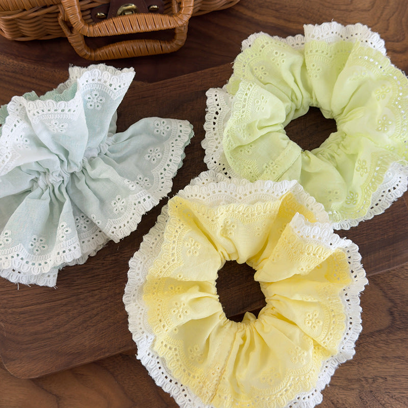 E廠-韓系ins薄荷綠刺繡蕾絲花邊小蠻腰大腸髮圈溫柔百搭扎馬尾髮飾女「26923」25.05-2