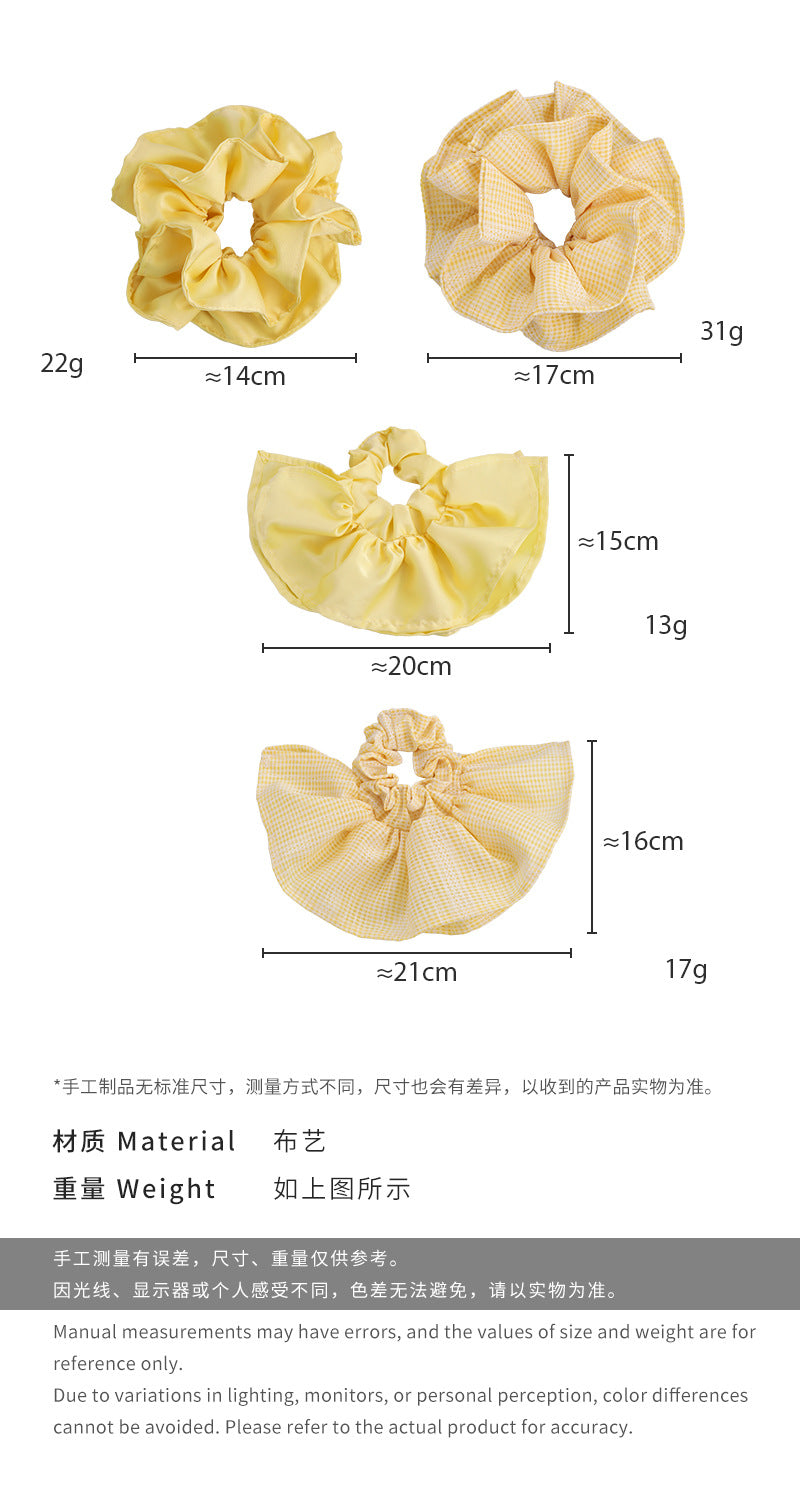 E廠-韓系奶黃色格子裙擺褶皺大腸髮圈氣質後腦勺盤髮裙擺頭花髮圈髮飾「26836」 25.04-3