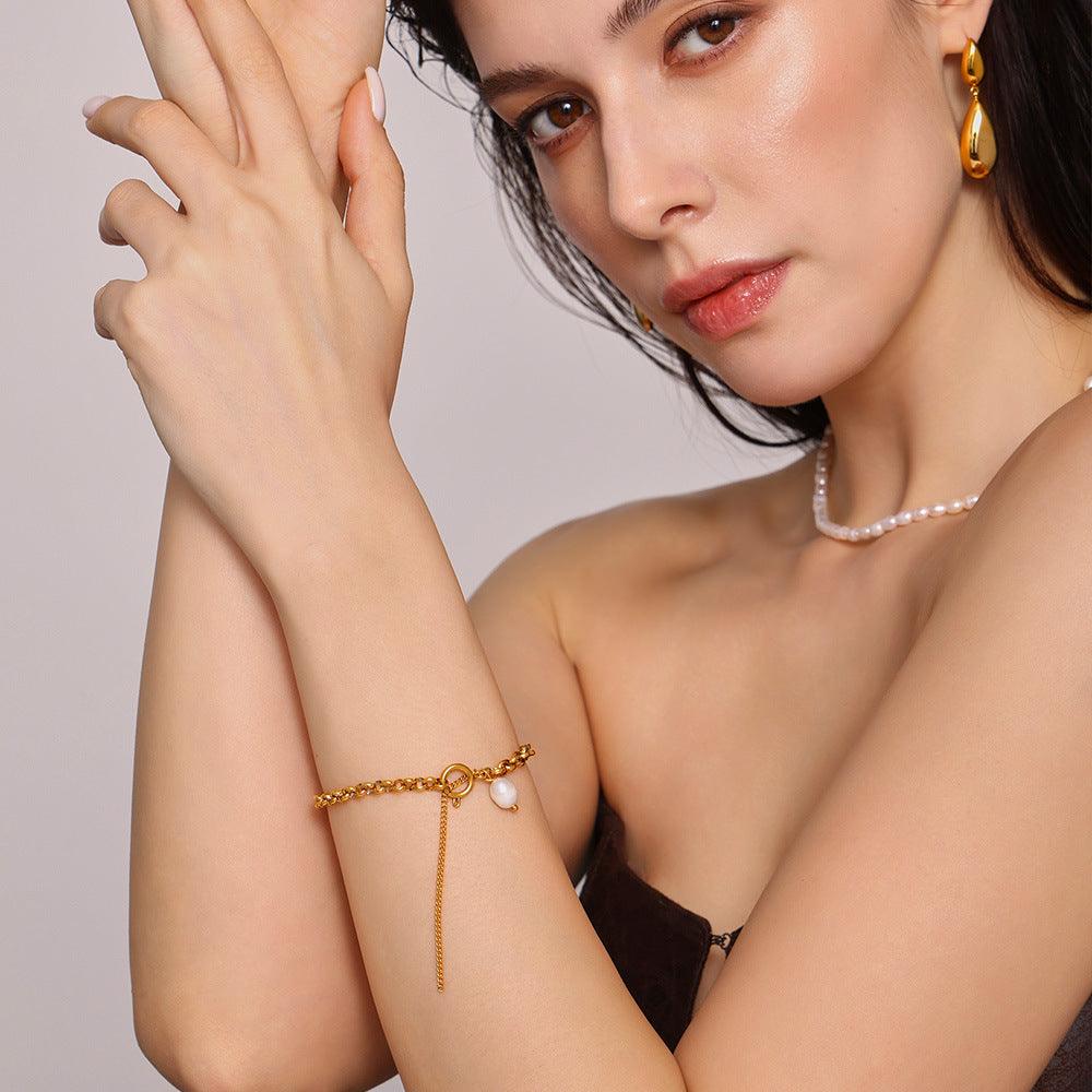 B廠-ins輕奢流蘇鏈條巴洛克淡水珍珠手鍊女不鏽鋼bracelet手飾「E178」25.04-1