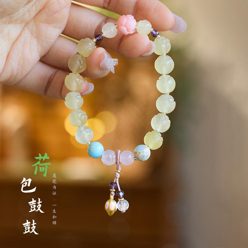 AS廠-寺廟爆款 天然金絲玉蓮花手鍊好運蓮蓮荷包鼓鼓古風玉石手串批發「SL89-L-04」25.03-2
