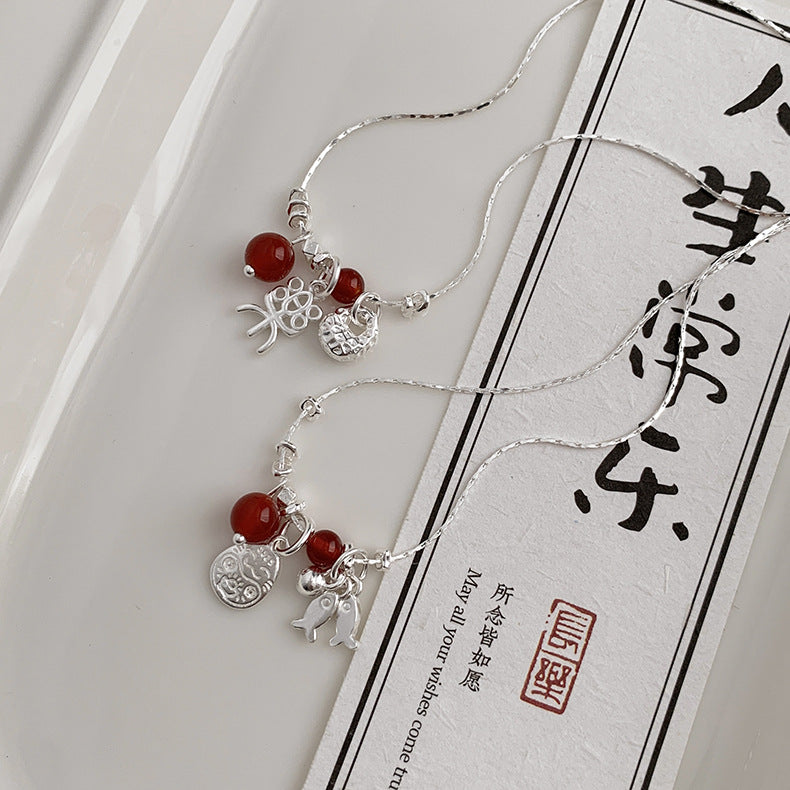 C廠-復古風喜樂福袋招財貓錢幣納福紅瑪瑙S92純銀項鍊女士「X990」25.05-1