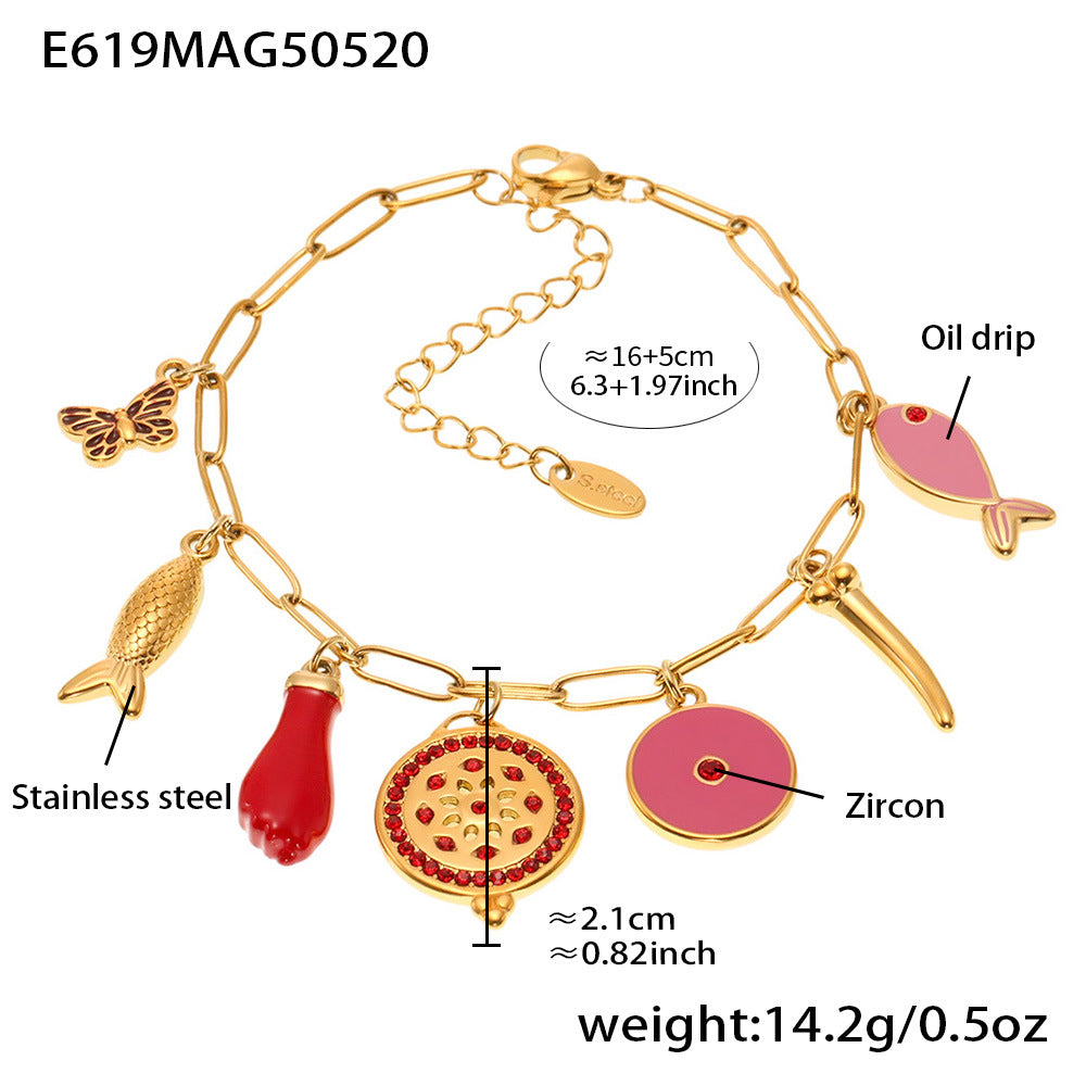 B廠-多元素絢彩吊墜滴油手鍊夏日度假不鏽鋼不掉色飾品「E619」25.05-5