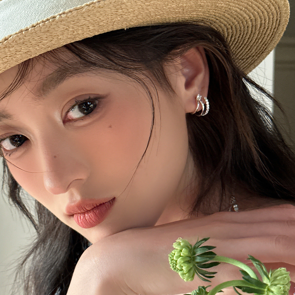 C廠-輕奢高級感疊戴風銀針耳釘女精緻韓系百搭網紅風氣質時尚鋯石耳環「EH-4050」25.09-3