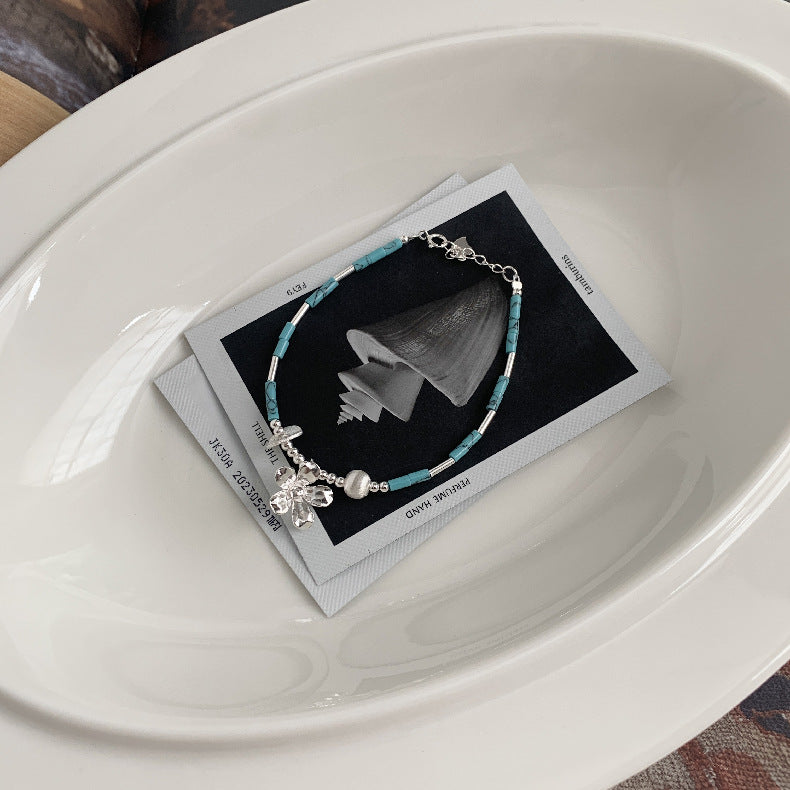 C廠-泰國清邁風手工銀花朵藍松石天然虎眼石直管S925純銀手鍊「1399」25.11-3