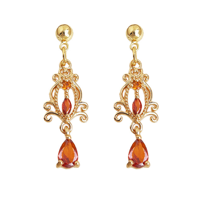 A廠-文藝復古宮廷風鑲嵌鋯石酒紅色長款流蘇新款耳飾工廠飾品耳環「7055」25.11-2