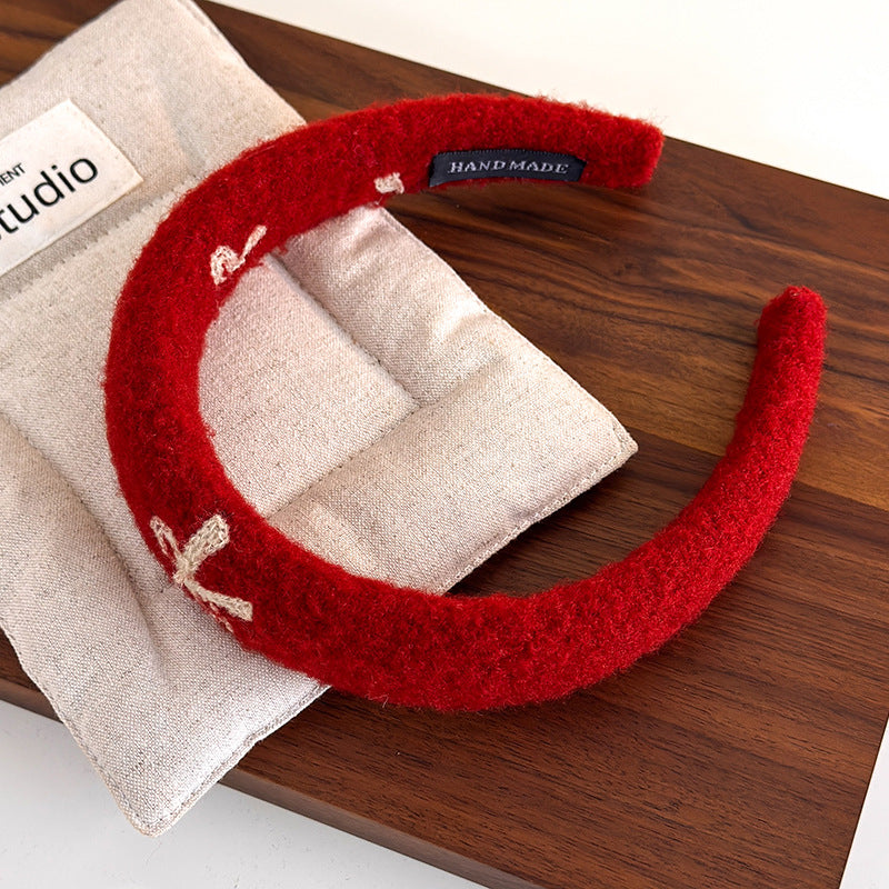 E廠-新年紅色刺繡蝴蝶結高顱頂髮箍女溫柔外出高級感頭箍髮捆可愛髮飾「27756」25.12-1