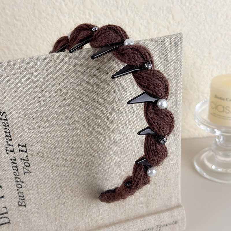 E廠-韓系閃鑽珍珠毛線波浪髮箍女高顱頂頭箍帶齒防滑外戴髮卡壓髮頭飾「27663」25.11-2