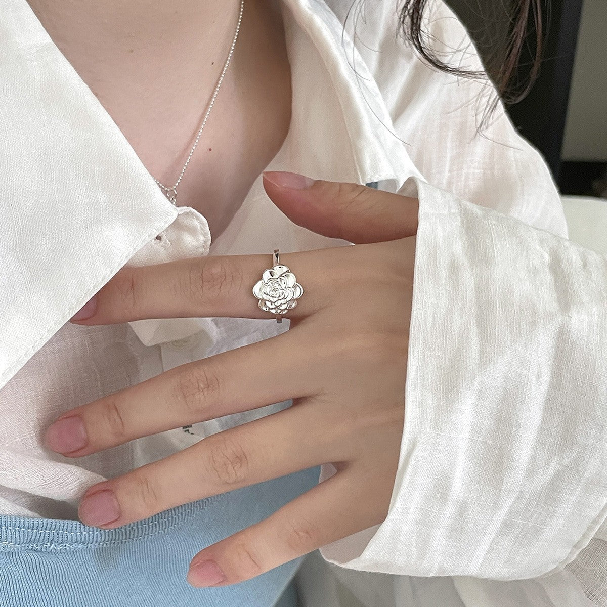 C廠-925純銀新中式玫瑰花戒指女小眾高級感ins風食指戒清新甜美指環「JZ-0711」25.09-4